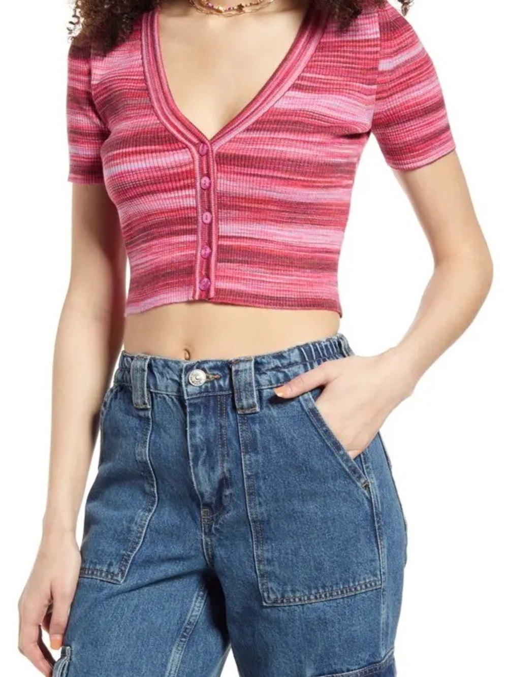 bp Pink Striped Space Dye Crop Cardigan